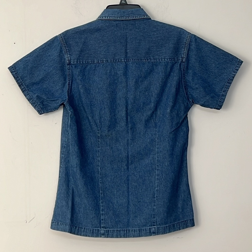 🌞 Bugle Boy For Her Vintage 90s short sleeve button up blue denim shirt M - Picture 4 of 16
